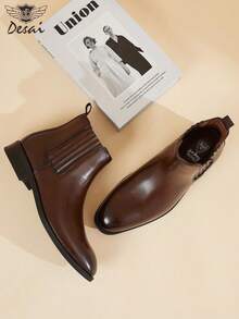 DESAI Men's Fashion Classic Premium Solid Color Chelsea Boots, Vintage Style Cylinder Boots, British Style Boots, Chunky Heel Slip-On Elastic Band Daily Shoes - Brown - View 3