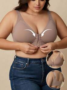 Plus Size Women's Seamless Front Closure Bra, Wireless Push Up Supportive Side Buckle Anti-Sagging Bra, Lift - Khaki - View 1