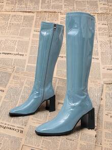 Fashionable Autumn/Winter Side Zipper Slimming Women's Knee-High Boots, Elegant Chunky Heel Light Blue Tall Riding Boots - Baby Blue - View 1