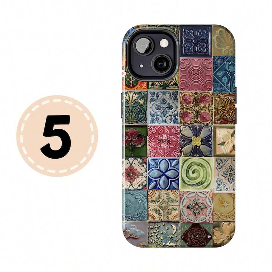 Fun Tile-Printed Phone Case, Asulaho Tile Design IPhonecover, Ceramic Tile Galaxy, Vintage Porcelain , Artistic Style - 白色5 - 查看 1