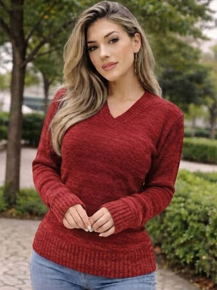 Blusa Feminina Tricô Manga Longa Gola V Tricot Inverno - bordô - Visão 1