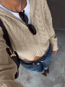 Autumn/Winter New Vintage Oversized Collar Double-Ended Zipper Twisted Knit Sweater, Loose Drop Shoulder Casual Pullover, Airport Commute Pullover - Khaki - View 5