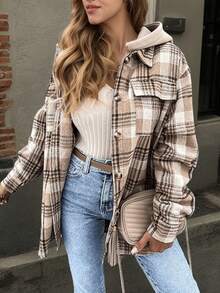 Women's Plaid Hooded Lightweight Shirt Jacket, Spring/Autumn - Multicolor - View 3