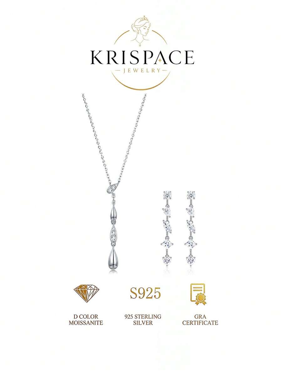 2Pcs S925 Silver Multi-Cut Moissanite Jewelry Set For Women, Teardrop Pendant Necklace & Linear Drop Dangle Earrings For Wedding Party & Gift For Her - Silver - View 1