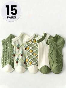 5/10/15 Pairs Fresh Matcha Green Women's Short Socks, Cactus Heart 3D Textured Low-Cut Socks, All-Season Versatile Daily Wear - Multicolor - View 9