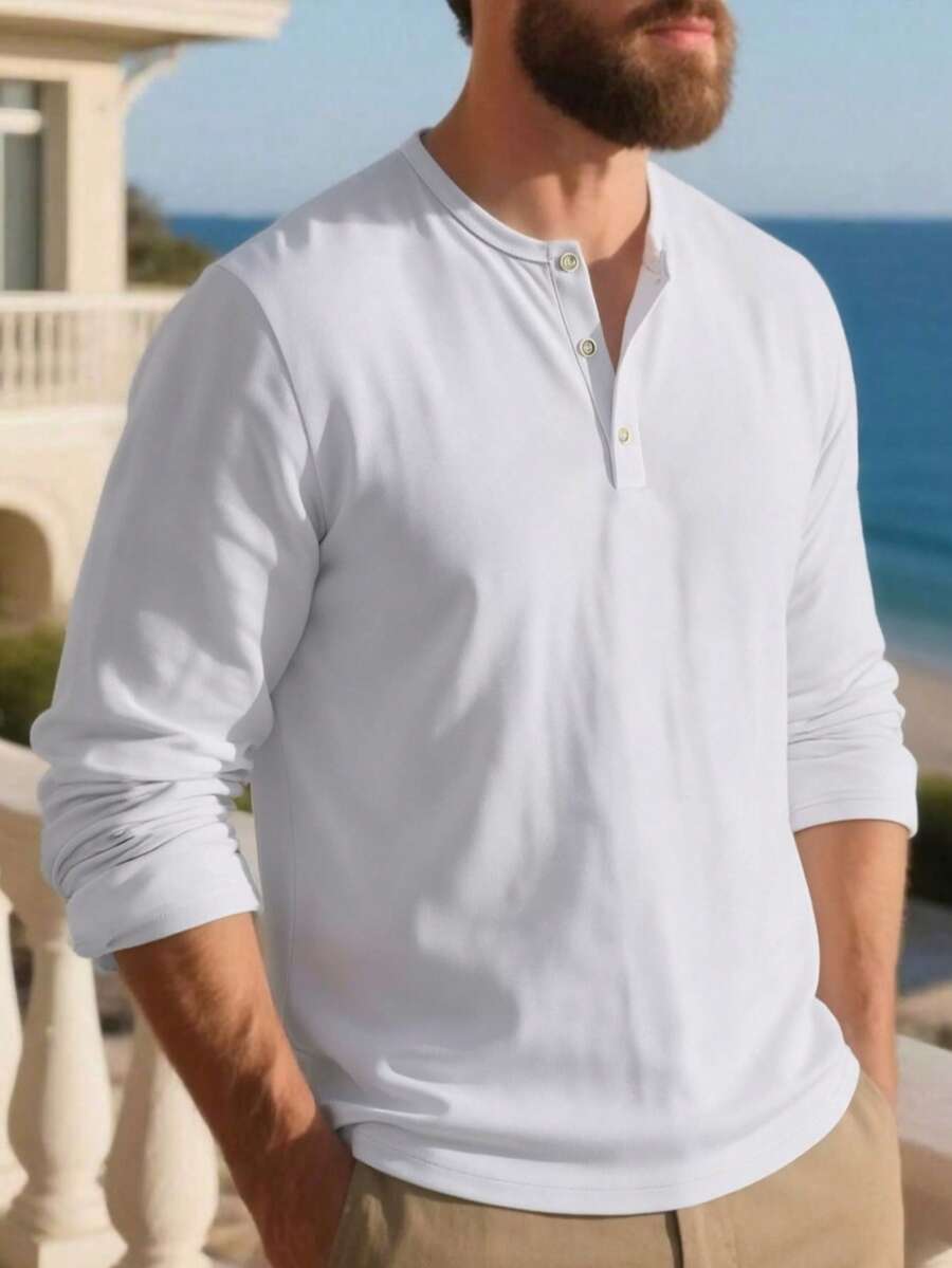 Men's Casual Versatile Solid Color Long Sleeve T-Shirt - White - View 1
