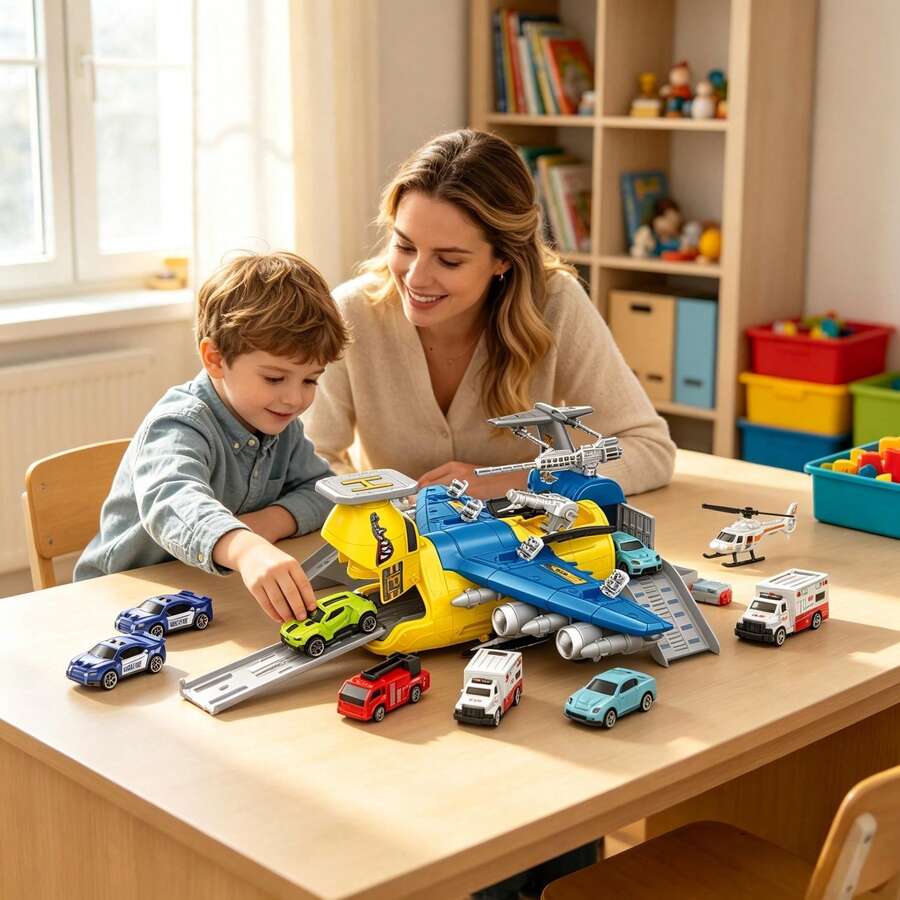 1pc Airplane Model Simulation Transport Plane Toy Set, Transformable Parking Lot With Runway Track And Small Cars, Educational Imaginative Scene Toy For Boys And Girls Aged 3+ - Multicolor - View 1