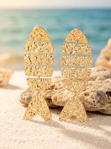 1 Pair Gold Fish Bone Shaped Pendant Earrings, Elegant And Exquisite, Suitable For Women To Wear On Daily, Beach Vacation, Party And Banquet - Yellow Gold - View 3