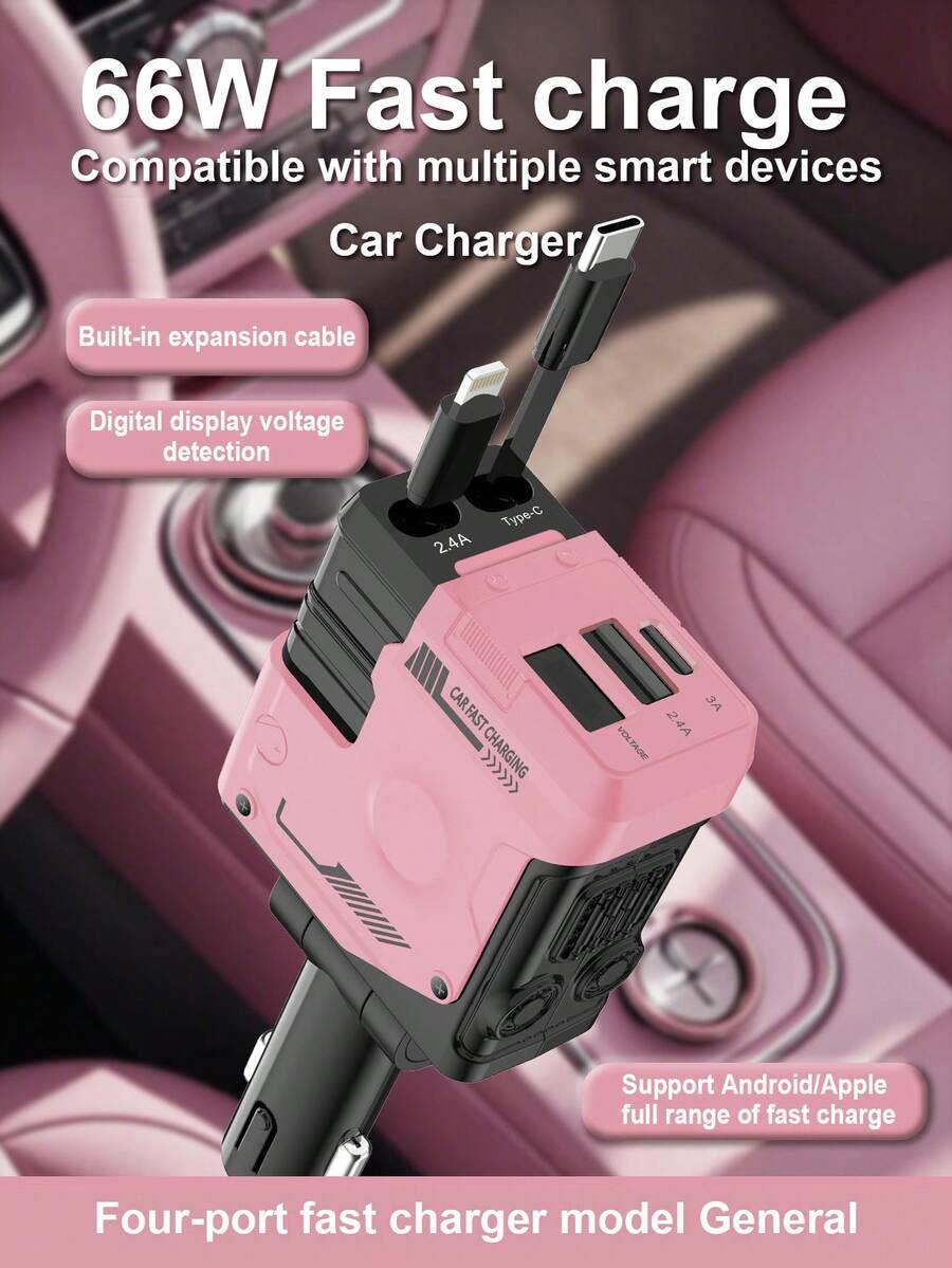 W&O 可伸縮車用充電器附可伸縮線 (31.5 英吋)，4 合 1 快充車用手機充電器，2 個 USB 接口適配器，兼容 17 16 15 14 13 12 11 Pro Max、Pixel，實用禮物，感恩節禮物