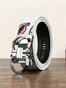 47 Inch Men's PU Artificial Leather Automatic Buckle Belt, Shark Mouth Graffiti Print Belt - Multicolor - View 9