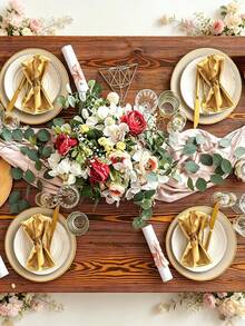 6pcs Fabric Napkins And 6pcs Napkin Rings, 12pcs Set, 17x17 Inch Square Satin Dinner Table Napkins And Rings, Floral Christmas Napkins, Wedding Party Decoration (Black, Gold, White, Champagne, Dark Green, Multiple Colors Available) - Multicolor - View 4