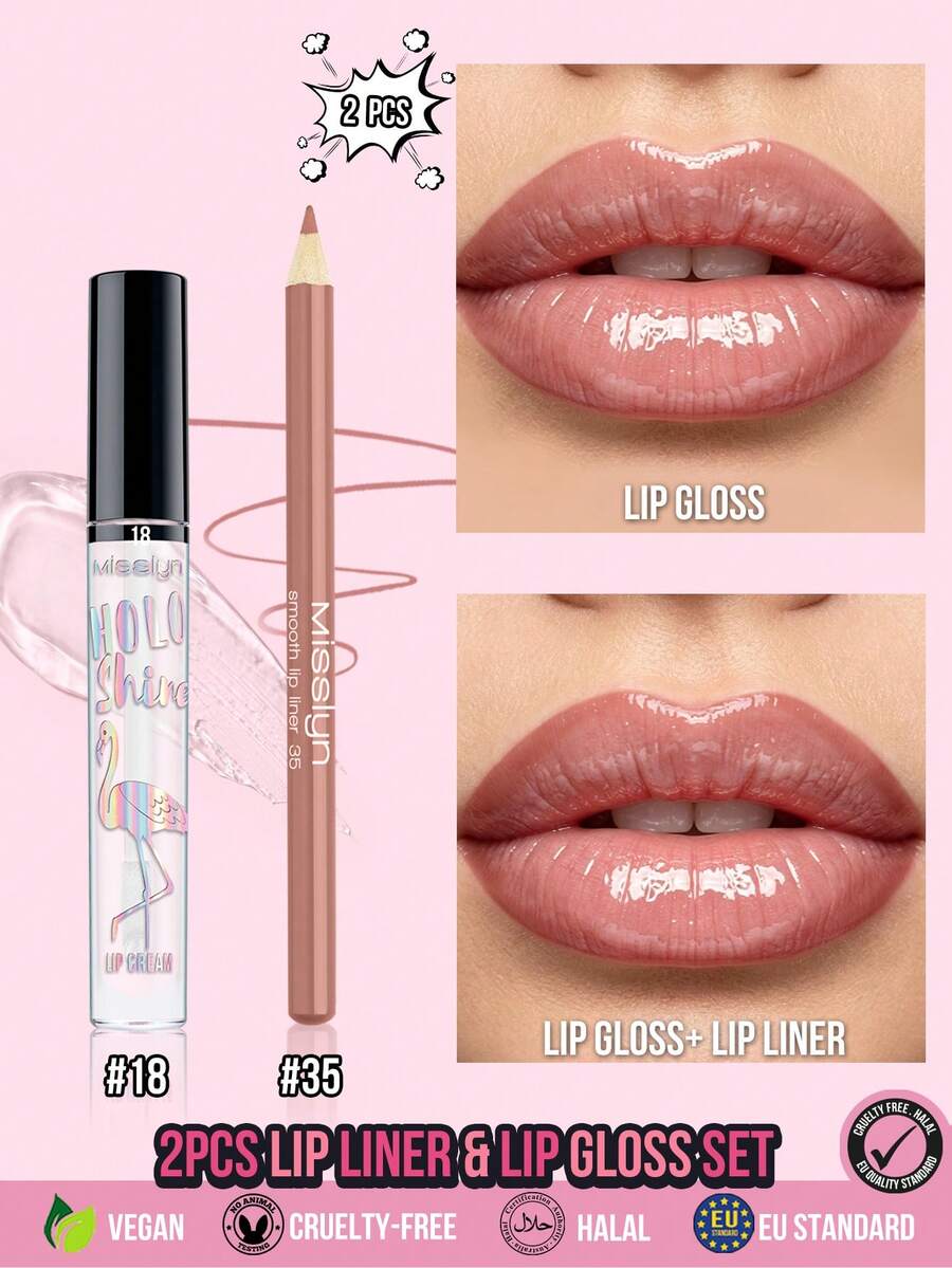 MISSLYN 2Pcs Lip Makeup Set, Lip Gloss & Lip Liner Combo, Mirror Shine Lip Gloss, Waterproof Lip Liner, High Shine, Nude Pink Lip Look, Long-Wearing Lip Makeup For Daily Wear, Date & Holiday - #18+#35 - View 1