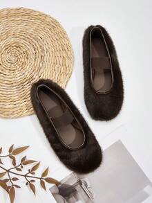 Women's Brown Cute Fuzzy Slip-On Ballet Flats, Warm Winter Shoes - Coffee Brown - View 1