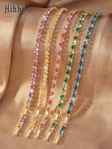 Hihho 1pc Multi-Color Gradient Full Zirconia Bracelet, Sweet Colorful Style, Available In Rainbow Gradient, Solid Color Gradient And Other Color Combinations, Featuring "Pave Zirconia + Gradient Color" Design, Energetic And Visually Eye-Catching, Suitable For Streetwear, Dating And Other Occasions - Gold - View 9