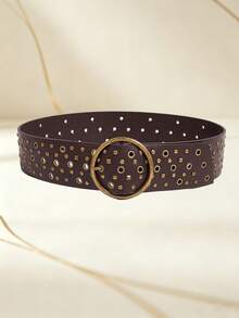 1PC Vintage Round Buckle Gold Rivet Wide Belt, Dark Punk Style PU Leather Belt, Halloween Outfit Decorative Waist Cincher - Studded Belt - View 10