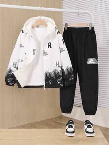 Tween Boy Autumn/Winter Casual Fashion College Street Commute Snow Mountain Print Thermal Lined Jacket & Cargo Jogger Pants 2pcs Set - Multicolor - View 3