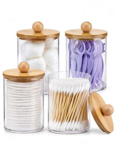 4 Pacotes de Potes de Armazenamento Transparentes para Banheiro com Tampas de Bambu, Suporte para Cotonetes, Dispensador de Algodão, Recipiente para Fio Dental, Organizador de Esponjas de Maquiagem, Organizador de Bancada para Banheiro e Quarto
