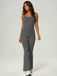 UONNOU 2pcs Polka Dot Square Neck Criss-Cross Back Camisole + Criss-Cross Waist Flare Pants Sports Set - Grey - View 7