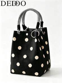 Dedoo Polka Dot Linen Canvas Bucket Tote Bag, Striped Rope Handles Snap Button Minimalist Handbag For Daily Shopping Coffee Trip - Black - View 3