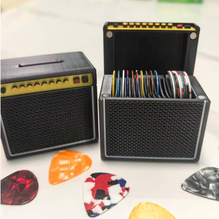 1pc Black 3D Printed Ukulele Guitar Pick Storage Box, Desktop Ornament Bass Accessory, Vintage Guitar Amp Pick Holder, Flip-Top Quick Storage Design, Guitarist Dedicated Pick Organizer