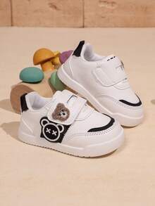 Cute Plush Bear Hook & Loop Baby Walking Shoes, Soft Sole Anti-Slip Closed Toe White Sneakers, Breathable Lightweight Functional Board Shoes For Toddlers, Spring/Autumn, Unisex - Black - View 6
