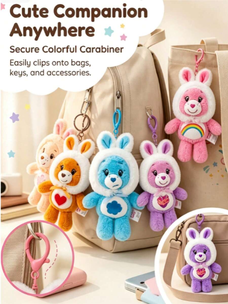 Official Care Bears Plush Keyring Bunny Edition 15cm Fluffy Rabbit Hooded Doll Pendant,Keychain For Bag, Adorable Bag Charm For Fans&Collectors