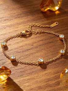 Minimalist Luxury Style Simple Bezel-Set Round Diamond Bracelet & Stud Earrings 2 Pieces Set, Petite Cylindrical Rhinestone Design, Clear Sparkling Crystals, Delicate Chain With Adjustable Extension, Fits Wrist Comfortably, Suitable For Daily Commute And Date Outfits, Versatile Gentle Women's Jewelry, Perfect For Gifting Or Self-Use - Round Diamond Set - View 4