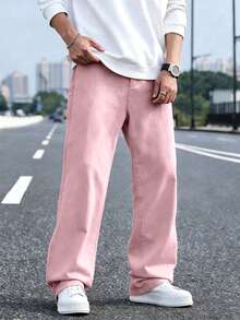 Boys & Teenagers 1pc Simple Loose Outdoor Sports Workout Solid Color Height-Enhancing Long Leg Straight Leg Pants Spring Autumn Winter Back To School - Pink - View 4