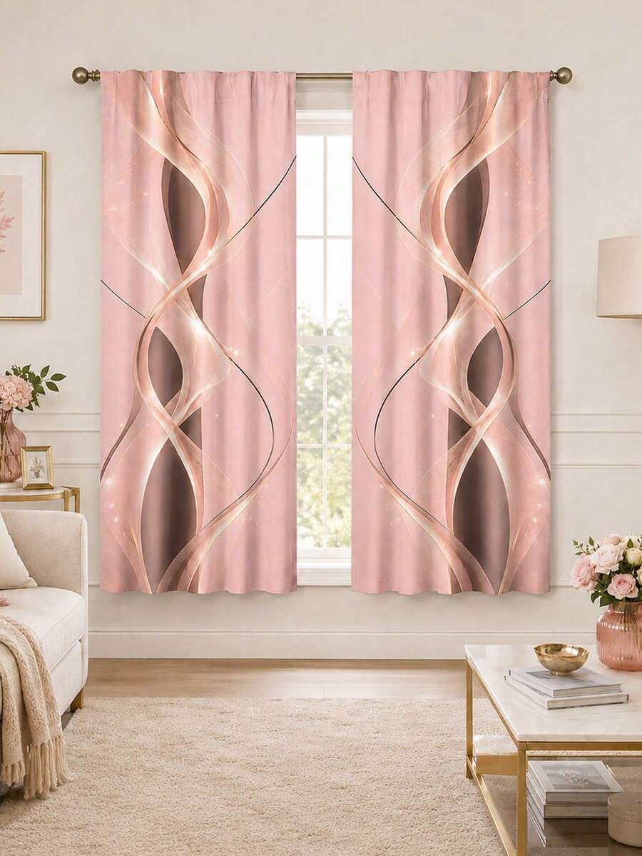 2PCS Pink Abstract Line Curtains, Polyester Digital Print, Curved Geometric Pattern, Modern Luxury Style Rod Pocket Fabric Curtains, Bedroom Living Room Window Decor, Machine Washable - Multicolor - View 1