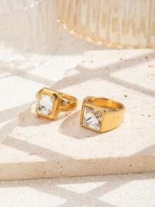 2pcs Stainless Steel Fashion Elegant Gold-Colored Rings, Inlaid With White Rhinestones, Suitable For Women's Daily Wear Or Gift Giving - Yellow Gold - View 1