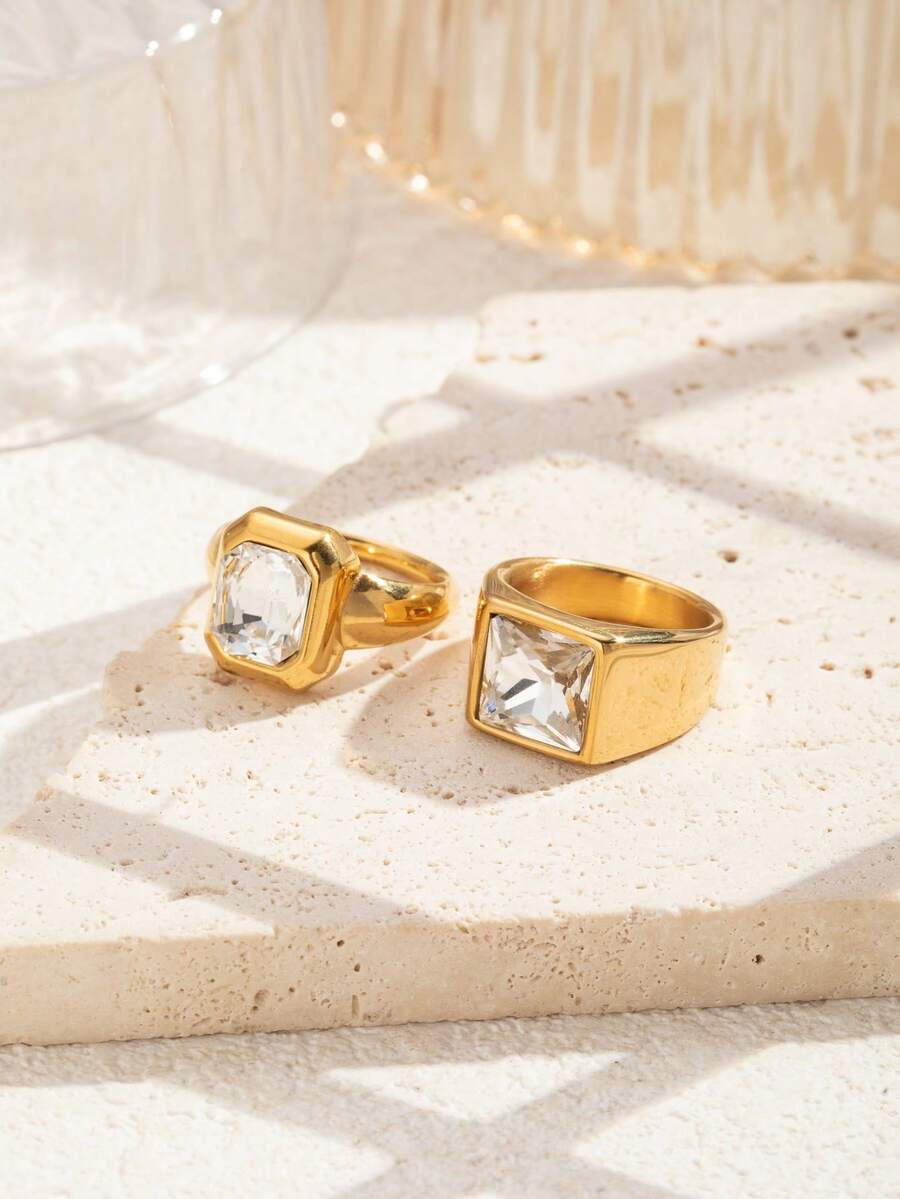 2pcs Stainless Steel Fashion Elegant Gold-Colored Rings, Inlaid With White Rhinestones, Suitable For Women's Daily Wear Or Gift Giving - Yellow Gold - View 1