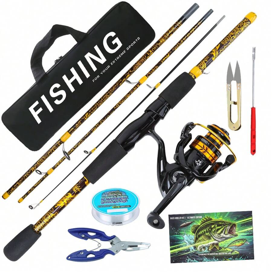 KecchKrezing Dragon Pattern 4-Section Straight Handle Fishing Rod And Reel Set, Complete Fishing Gear With Lure Pliers, Fishing Line, Lures And Portable Storage Bag, Specialized Equipment For Lake Bass Fishing, Suitable For Beginners And Advanced Anglers