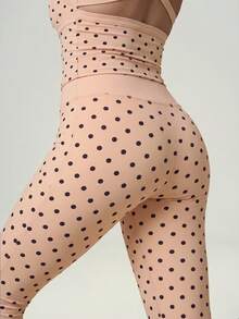 UONNOU 2pcs Polka Dot Square Neck Criss-Cross Back Camisole + Criss-Cross Waist Flare Pants Sports Set - Pink - View 6