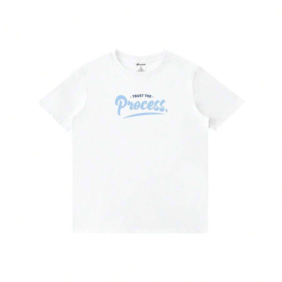 Unisex White Round Neck T Shirt,Printed With Inspirational Quotes,Light Blue Curved Letters Centered,Casual And Simple Style. - 白色 - 查看 1