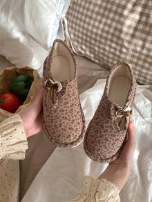 XIXITIAO 1 Pair Women's Fashionable Elegant Fairy Style Maternity Slippers, Khaki Floral With Small Bow, Cute Polyester Fiber Flat Full-Coverage House Shoes For Autumn/Winter - Brown - View 9