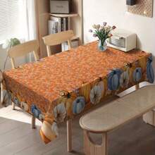 1pc Fall Blue White Pumpkin Floral Border Waterproof Tablecloth, Soft Rustic Autumn Small Flower Rectangular Table Cover, Farmhouse Thanksgiving Home Decor - Coral Orange - View 1