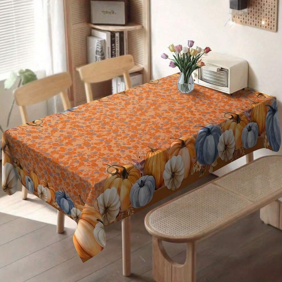 1pc Fall Blue White Pumpkin Floral Border Waterproof Tablecloth, Soft Rustic Autumn Small Flower Rectangular Table Cover, Farmhouse Thanksgiving Home Decor - Coral Orange - View 1
