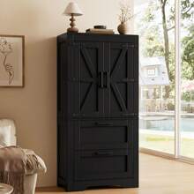 Country-Style Kitchen Cabinet With 2 Drawers And Adjustable Shelves, Barn Door Design Sideboard, Suitable As Storage Furniture For Kitchen, Dining Room, And Living Room, Black - View 3