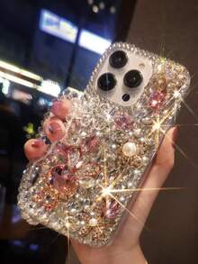 Fashionable Shiny Crystal Rabbit Metal Pearl Carved Phone Case With Crystal Lanyard Anti-Drop Protective Cover Compatible With IPhone And Phones - Multicolor - View 5