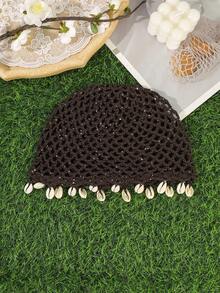 1pc Boho Hollow Crochet Hair Cap With Natural Cowrie Shell Tassels,Women Mesh Knit Turban Hat,Suitable For Everyday Outings Head Vacation For Beach - Multicolor - View 7