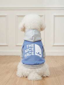 LUCKIE LABO 1件裝配色拼接 NICE FACE 英文標語印花貓狗用聚酯纖維連帽衛衣，防跳蚤、減少掉毛、保暖，適合室內外使用 - 藍色 - 查看 2