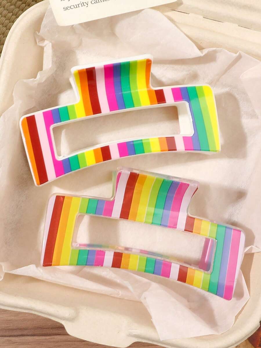 2件組彩虹條紋印花方形髮夾,高髮髻半紮馬尾髮飾,極簡度假野餐風 - 彩色 - 查看 1