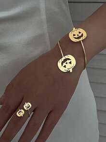 2pcs Line Pumpkin Ghost Bat Shaped Gold Metal Bracelet Ring Set, Minimalist Style Classic Luxury Party Holiday Jewelry - Yellow Gold - View 10