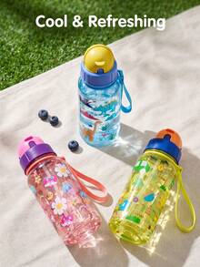 BENNY 500ml Cartoon Print Kids Straw Water Bottle, Large Capacity Portable Water Cup With Pop-Up Lid And Lock, Durable PC Material, Student Drinking Cup, Suitable For Back To School, Birthday Gift, Christmas - Multicolor - View 6