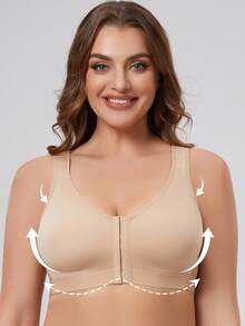 MELENECA Women's Front Closure Wirefree Post Surgery Plus Size Back Support Posture Bra - Khaki - View 3