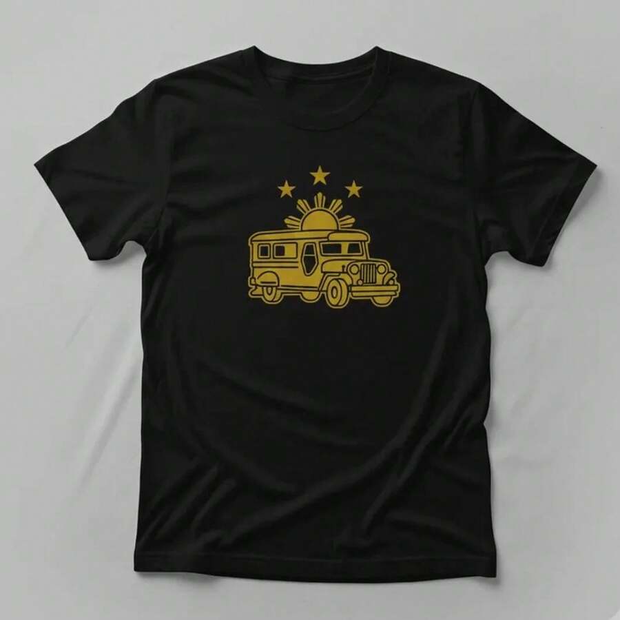 Camiseta "Jeepney Filipino con Sol" de Sun Gift Philippines, 100% Algodón - Completamente Nueva - Propiedad de Filipinos - Negro - Ver 1