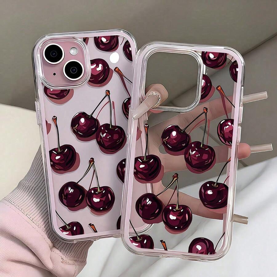 1pc Pink Frame Double Layer Phone Case, Cherry Pattern, Personalized Protective Cover, Compatible With Apple 18/18Pro/18Pro Max/17/17Pro/17Pro Max/16/16Pro/16promax/15/15Pro/15promax/14/13/12/11 Phone Protective Case - Multicolor - View 1
