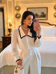 Women's Elegant Contrast Color Sailor Collar Long Sleeve Blouse, Loose Fit Button-Front Shirt, Quiet Luxury French Style White Summer - White - View 4