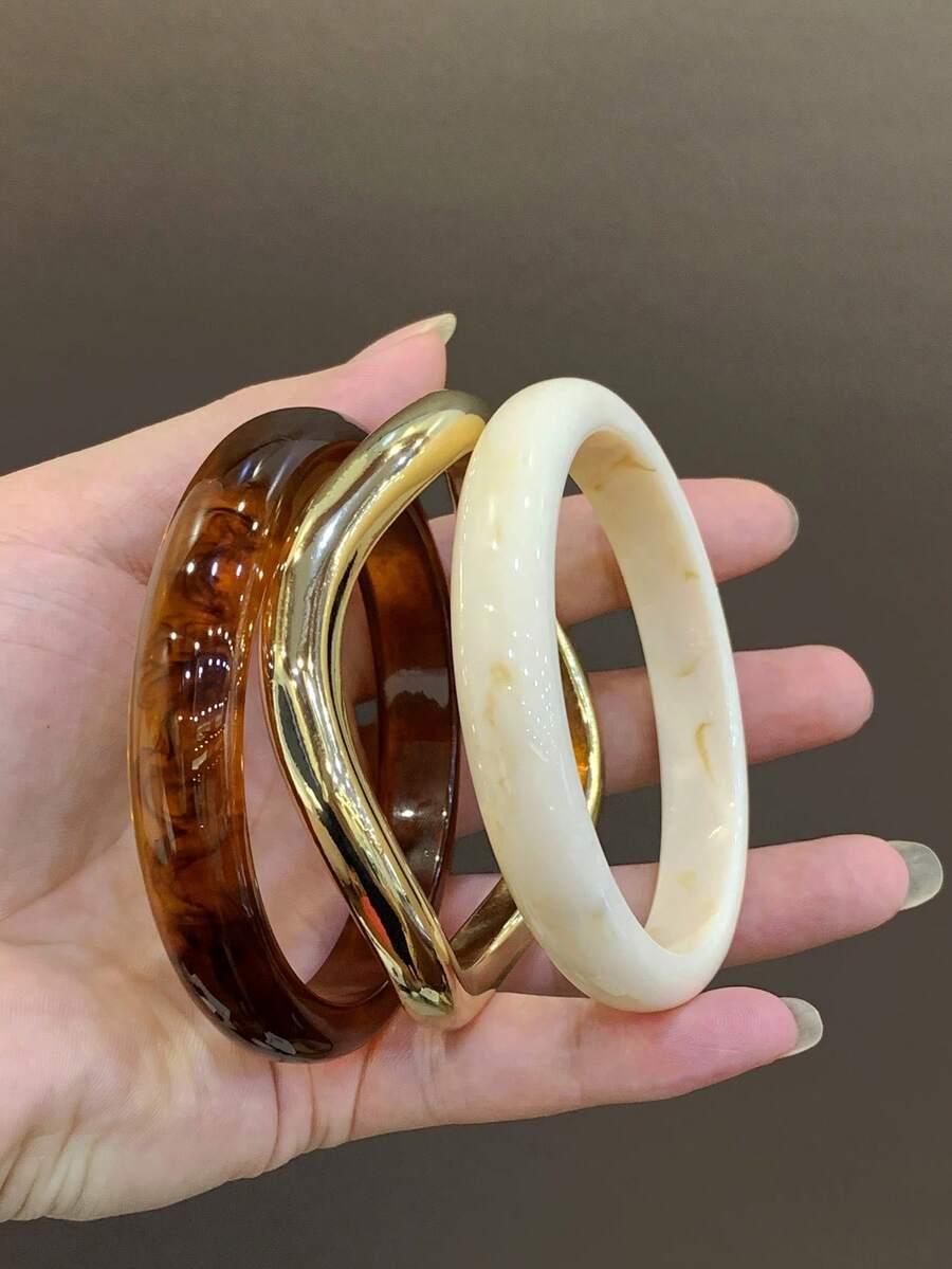 3件組時尚復古粗款多色不對稱壓克力手鐲手鍊套組,適合女性日常配戴,送給朋友與家人的禮物 - 彩色 - 查看 1