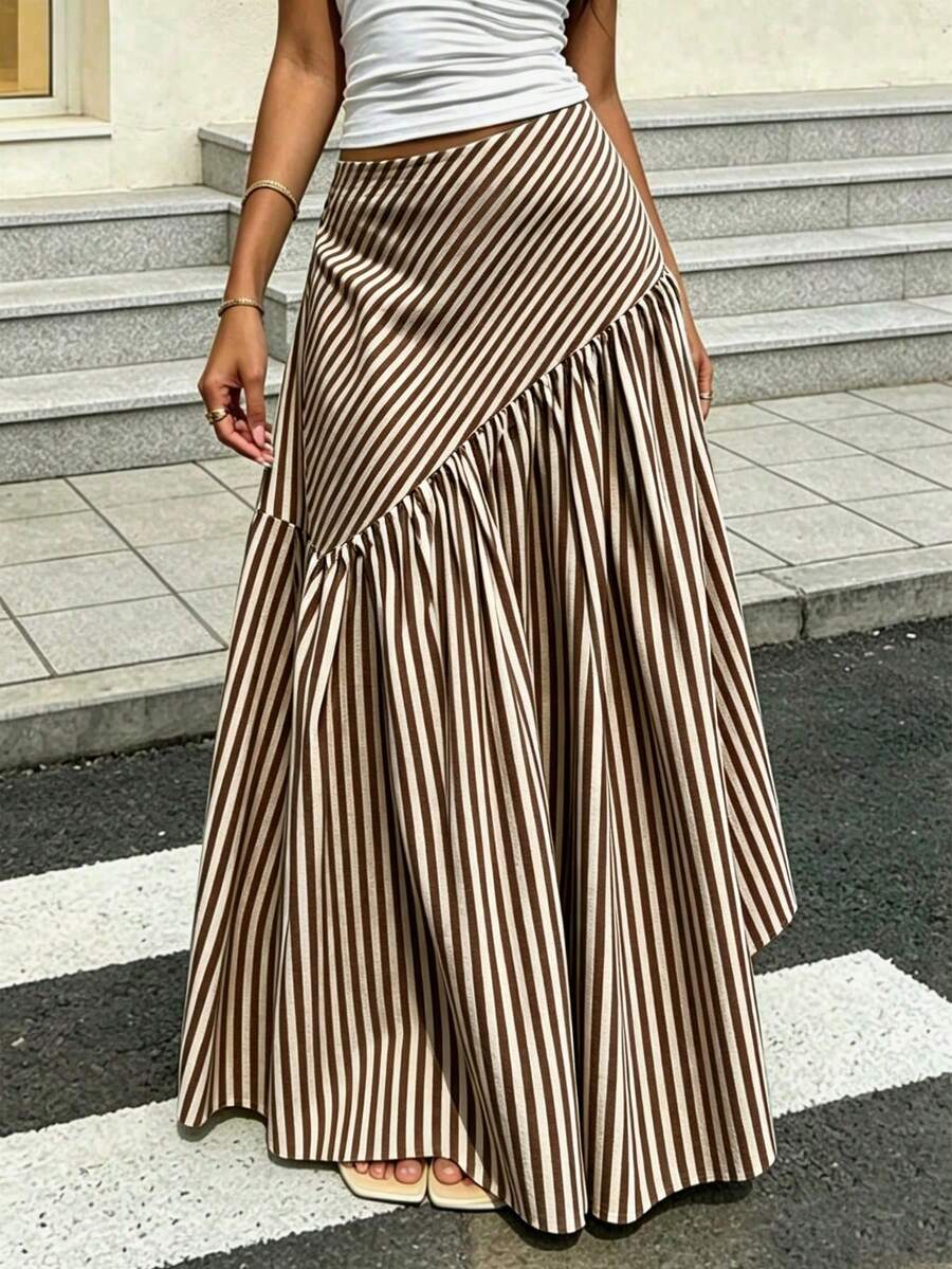 優雅法式休閒波希米亞風編織布料喇叭A字長裙,適合女性,春季、秋季及四季皆可穿搭 - 咖啡棕 - 查看 1